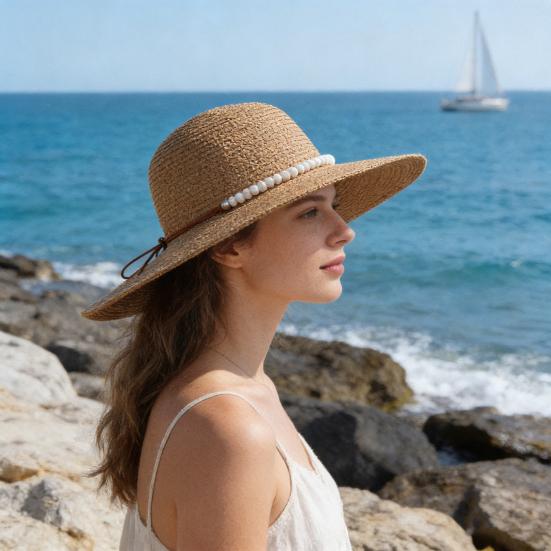 Beach Hat with Imitation Pearl Accents Full Face Sun Protection Flat Top Large Brim UV Blocking Summer Straw Hat