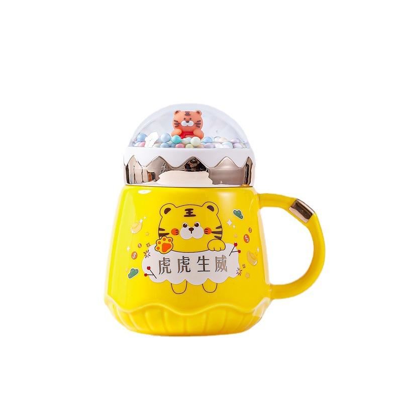 Year of the Tiger Mug with Lid Creative Large Capacity Ceramic Cup Couple Pair Cup Cute Cartoon Coffee Mug for Home Use