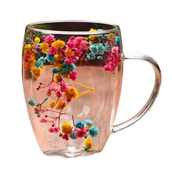 Double-Wall Glass Mug 350ml Heat-Resistant Flower Coffee Tea Cup Insulated Cup for Hot Cold