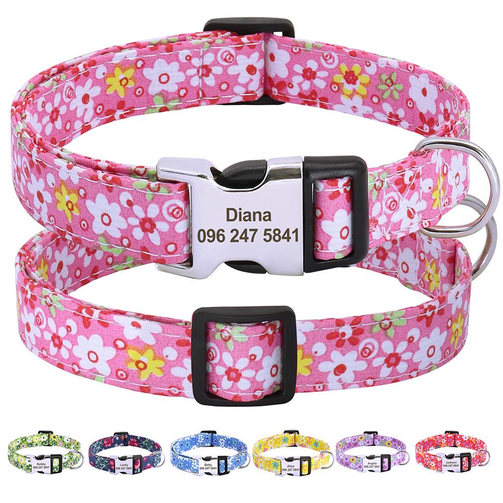 Printed Nylon Personalized Dog Collar Custom Dog Collar Floral Puppy Necklace Engraved Name for Small Medium Large Dogs Bulldog