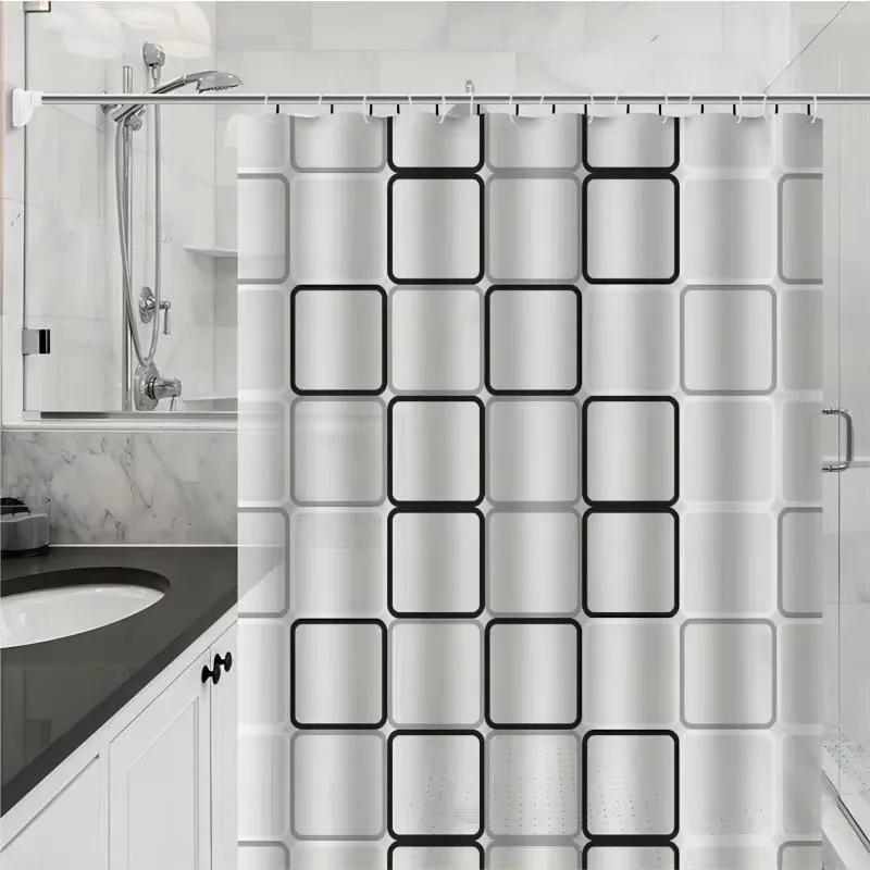 1pc PEVA Water Proof Shower Curtain Bathroom Partition Curtain Bathroom Decoration Accessories Checkered Pattern Shower Curtain