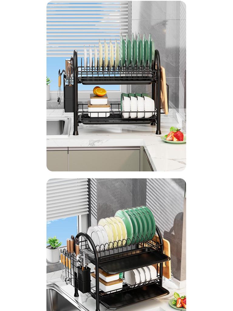Kitchen Countertop Dish Drying and Storage Rack with Basket for Plates and Utensils
