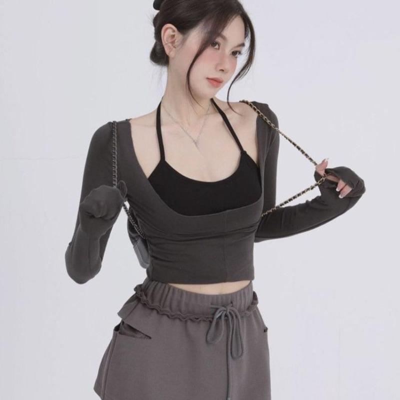 2KWEIRD Set Două Piese Estetică Y2k Harajuku Tricouri Halter Mânecă Lungă Tricouri Femme All Match Top Patchwork cu Bretele Spaghetti Femei