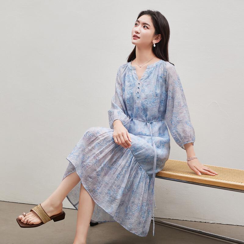 SOFSIL 2026 Summer Floral V-Neck Lantern Sleeve Midi Dress L