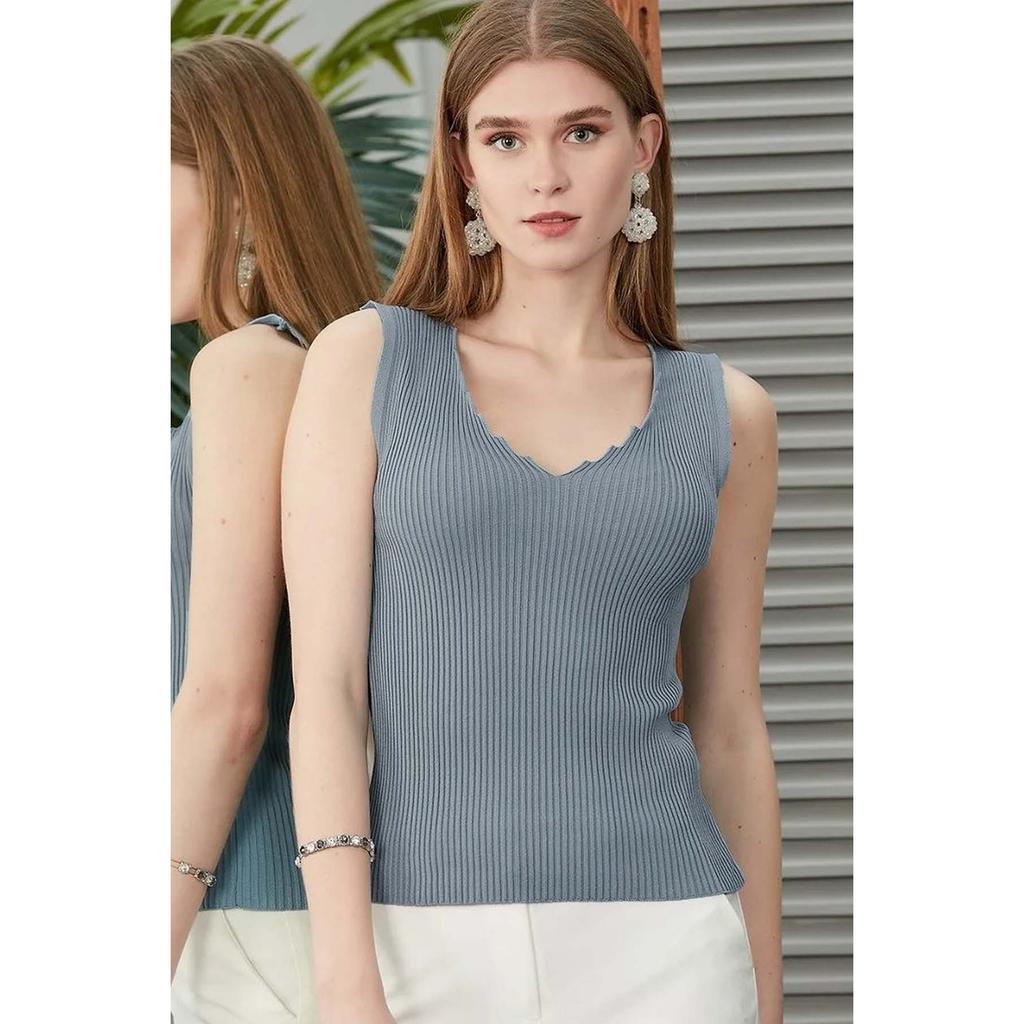 Bluză subțire de vară, fără mâneci, cu guler cu scări