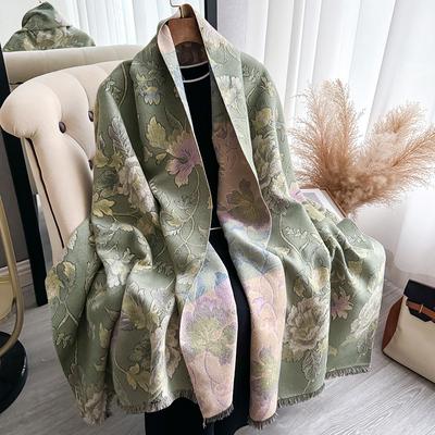 Outono e Inverno Redutor de Idade Estampado Floral Jacquard Estilo Nacional Viagem Dupla Finalidade Lenço Feminino Imitação de Caxemira Cachecol Térmico