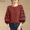 ZANZEA Women Casual Round Neck Stripe Splice 3/4 Sleeve Loose Blouse