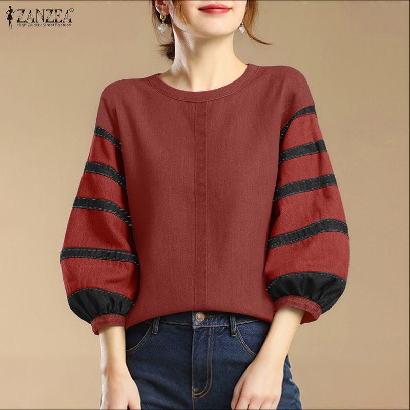 ZANZEA Women Casual Round Neck Stripe Splice 3/4 Sleeve Loose Blouse