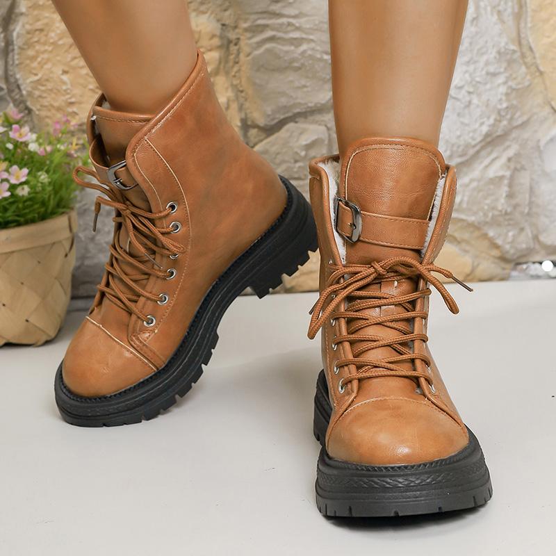 Brown Pu Leather Platform Ankle Boots Women Fashion Lace Up Short Plush Winter Boots Woman Plus Size 43 Non Slip Short Booties