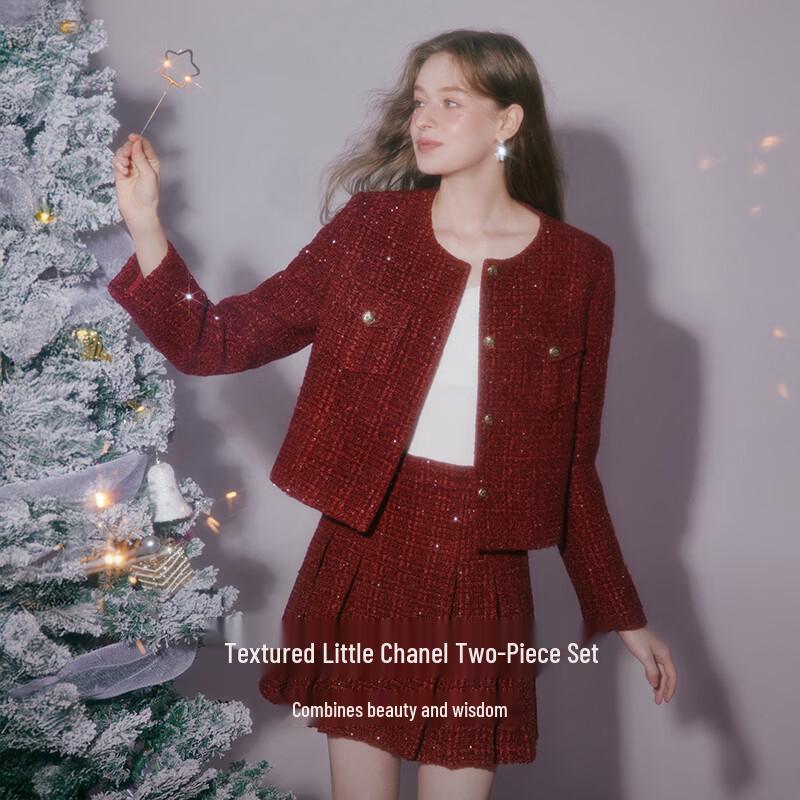 Xiangying Festive Red Tweed Two-Piece Suit