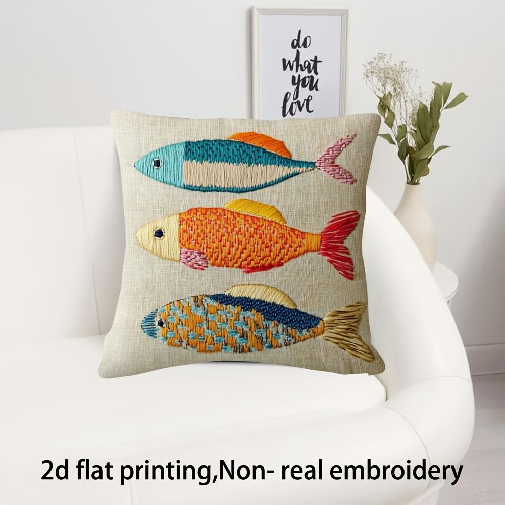Colorful Fish Trio Pillow Cover 2D Faux Embroidery Print Nautical Coastal Marine Cushion Case For Sofa Bed Couch Home