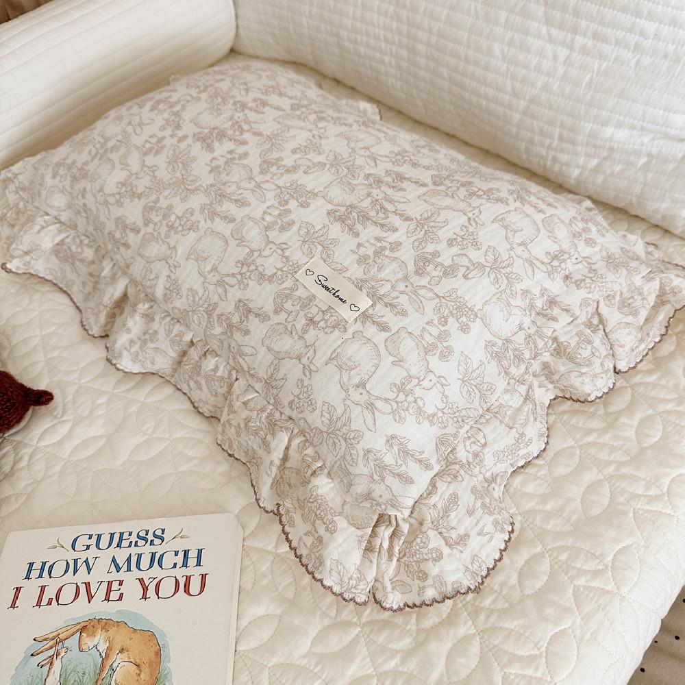 Small Floral Ruffle Lace Double Layer Cotton Gauze Pillowcase for Kindergarten