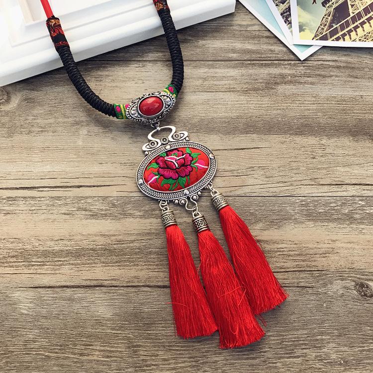 Retro Long Fashion Classical Embroidery Fringed Necklace Temperament Wind Chimes Pendant Miao Sweater Chain Accessories