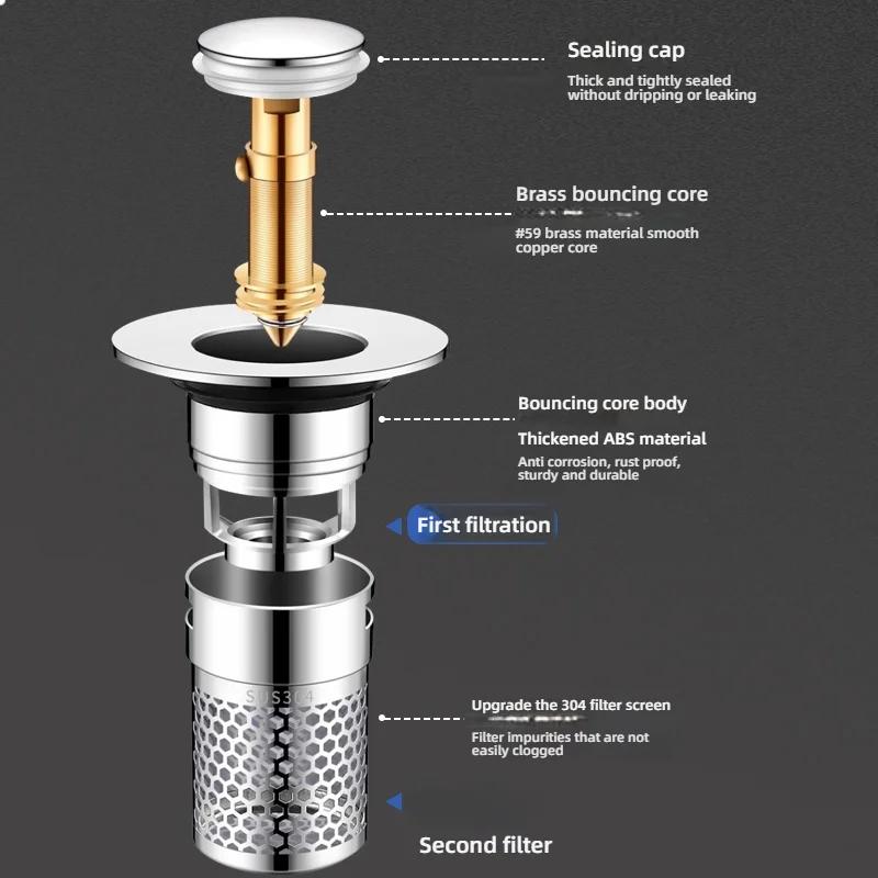 1PCS Universal Rebound Drain Plug Filter Metal Basin Pop-up Sink Filter with Hair Catcher Bathroom Sink Drain Stopper