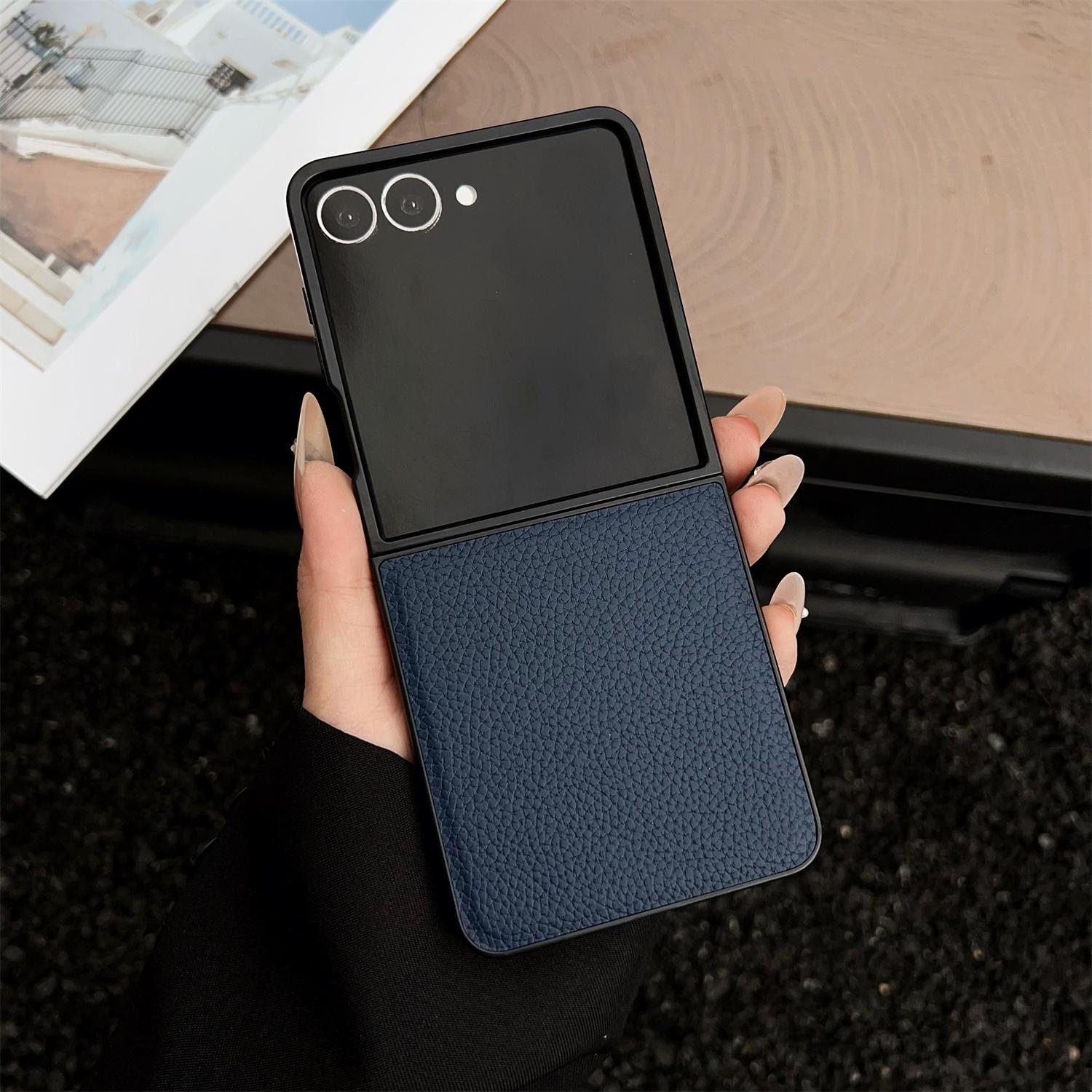 

For Samsung Galaxy Z Flip7 5G Case Litchi Texture PU Leather+PC Foldable Phone Cover Blue