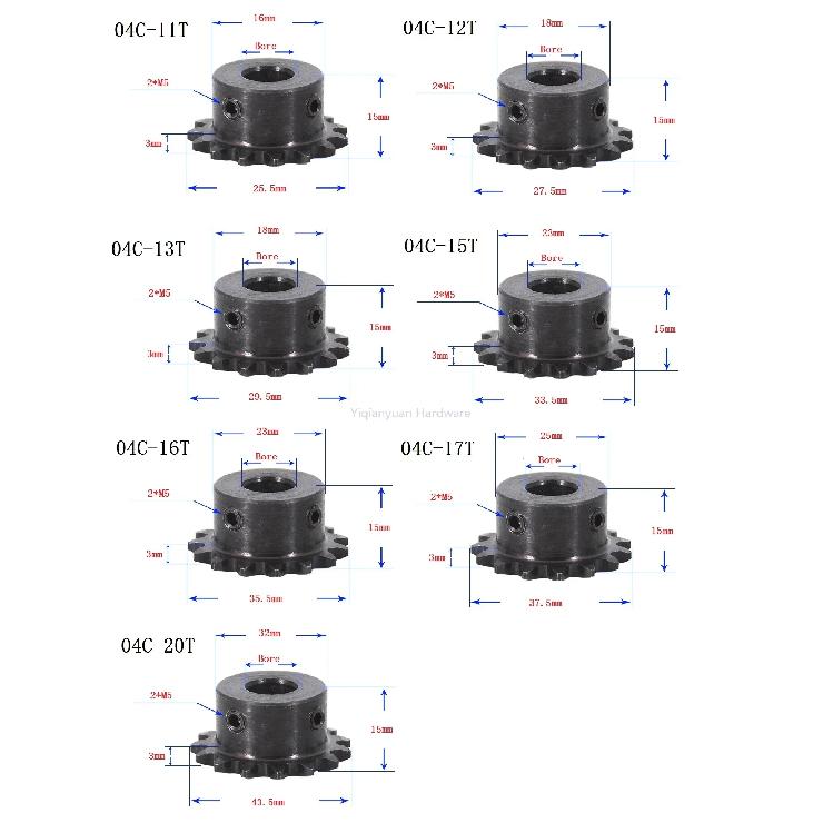 Yiqianyuan 1Piece 04C Industrial Sprocket 45# Steel 11T-20T Teeth Bore 5-18mm Pitch 6.35mm Motor Chain Drive Sprocket