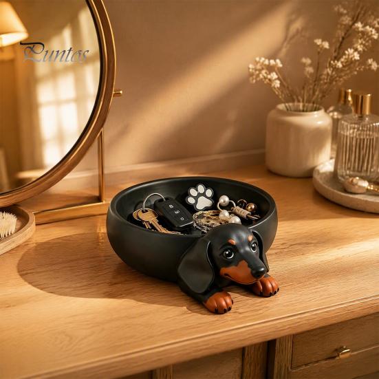 Süßer Schreibtisch-Organizer 3D-gedruckte Dackel-Aufbewahrungsschale, Harz-Hundeform für Schlüssel Schmuck, Dekorativer Kreativer Snackteller Schmuckschale,