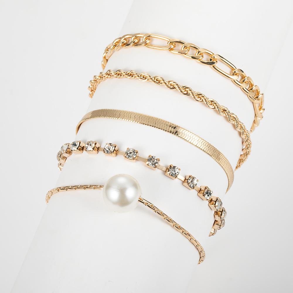 New Bracelet, Fashionable Pearl Rhinestone Twist Adjustable 5-piece Set, Bracelet and Jewelry.