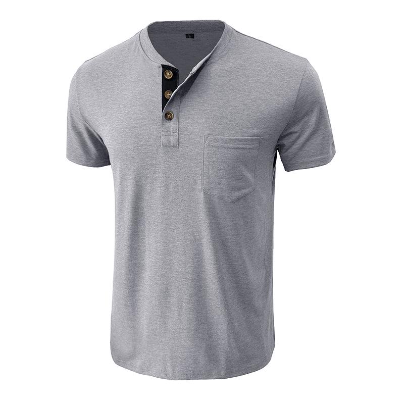 2024 Summer Men's Henley Short Sleeve T-shirt - European & American Style Crew Neck