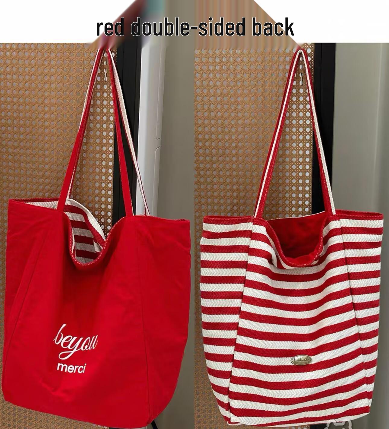 Women s 2025 Red Striped Canvas Tote Bag - Korean Lazy Style Large Capacity Shoulder Bag 1780₽