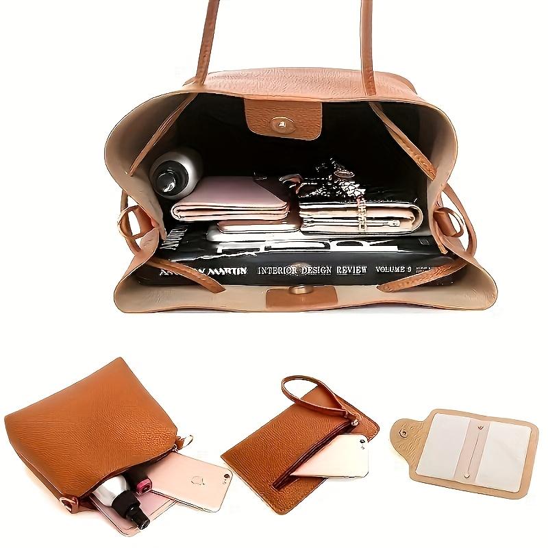 4pcs Women's Bag Set, Including An Elegant Synthetic Leather Tote Bag Series - Solid Colors, Lychee Texture, Multifunctional Stylish Tote Bag, Wallet