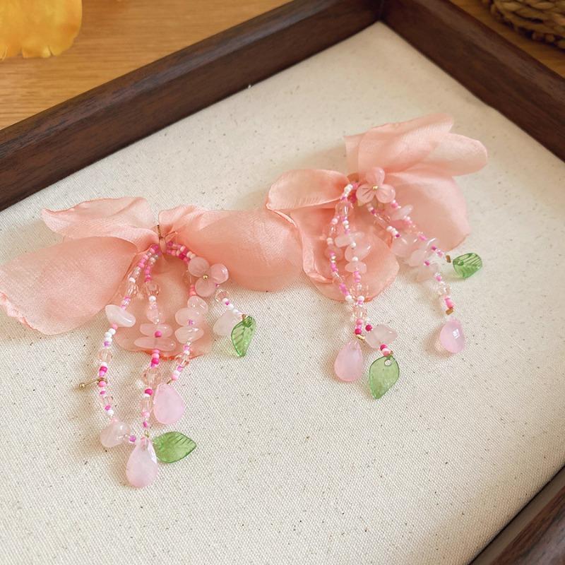 Silver needle fabric flower crystal fringed stud earrings necklace set sweet super fairy jewelry