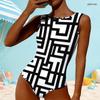Women Plus Size High Round Neck Sleeveless One Piece Geometric Printed Swimsuit