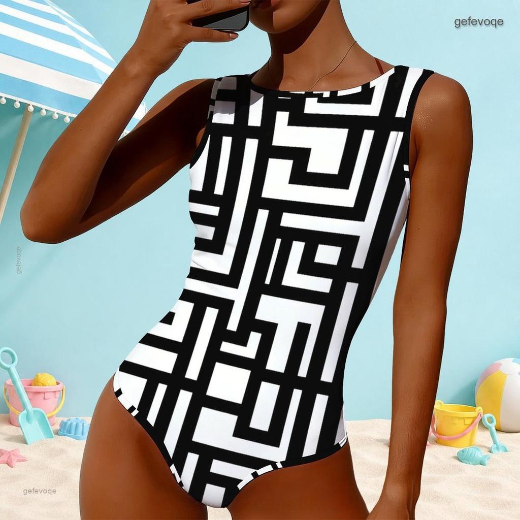 Women Plus Size High Round Neck Sleeveless One Piece Geometric Printed Swimsuit