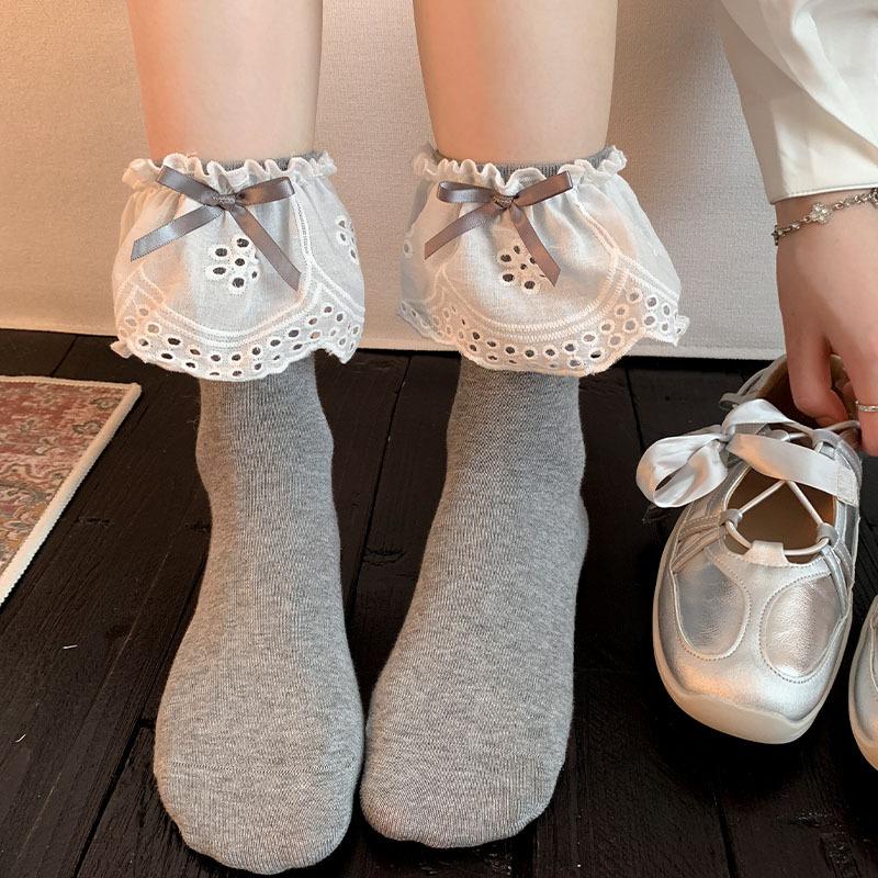 

White Bow Lace Socks for Girl Cute Detailed Crew Length Socks,All-Match Korean Ins Style Socks for School Casual Daily Wear One Size серый
