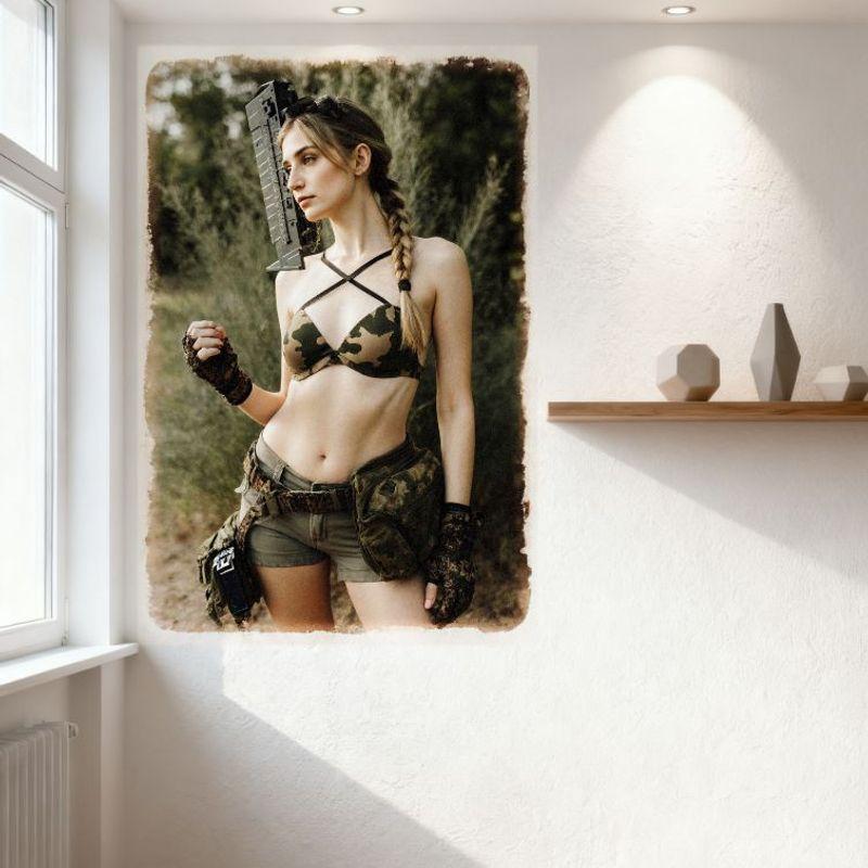 Sexy Blonde Braid Woman Vintage Outdoor Military-Inspired Camouflage Tin Sign for Bar Home Wall Decor Metal Poster 8x12 Inch