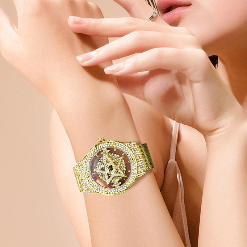 FOXBOX Women's Watches Fashionable Large Dial Pentagram Waterproof Watch For Girls Snowflake Rotating Hollow Women's Watch