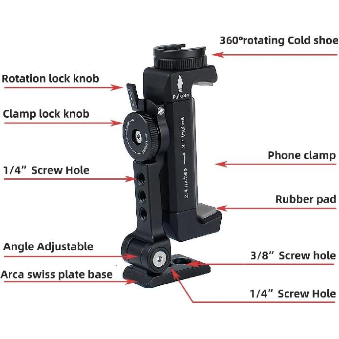 Metal Phone Tripod Mount w Rotatable Cold Shoe,Compatible with iPhone Cell Phone Tripod Mount Adapter, Phone Mount for Tripod,Tripod Phone