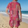 Men Abstract Red Fluid Art Print Short Sleeve T Shirt And Solid Black Shorts Two Piece Outfit