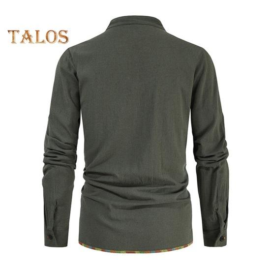 Spring Autumn Men Shirt Lace-up Stand Collar Long Sleeves Solid Color Loose Retro Medieval Mid Length Casual Commuting Office Top