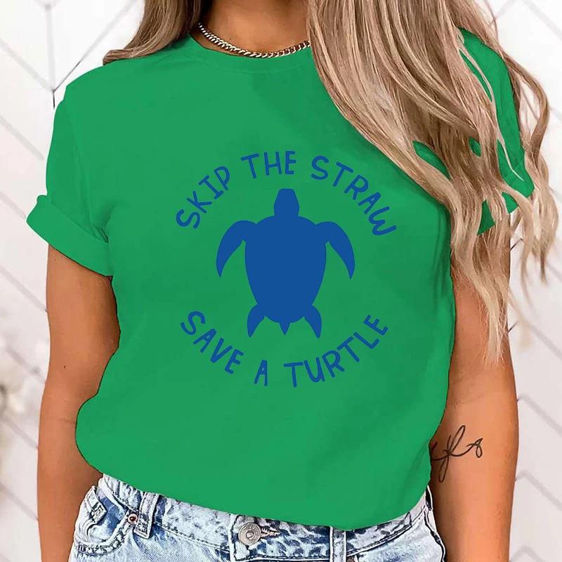 (Premium T-shirt)Protect The Ocean Skip The Straw Save A Turtle Letter Print Short Sleeve T Shirts Women'S Crew Neck T-Shirts