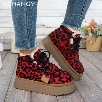 Damen Leopard Plateau Schnee Stiefeletten Flats Warme Baumwollschuhe Frau 2025 Trend Mode Lässige Sneaker Winter Neu Mujer Botas