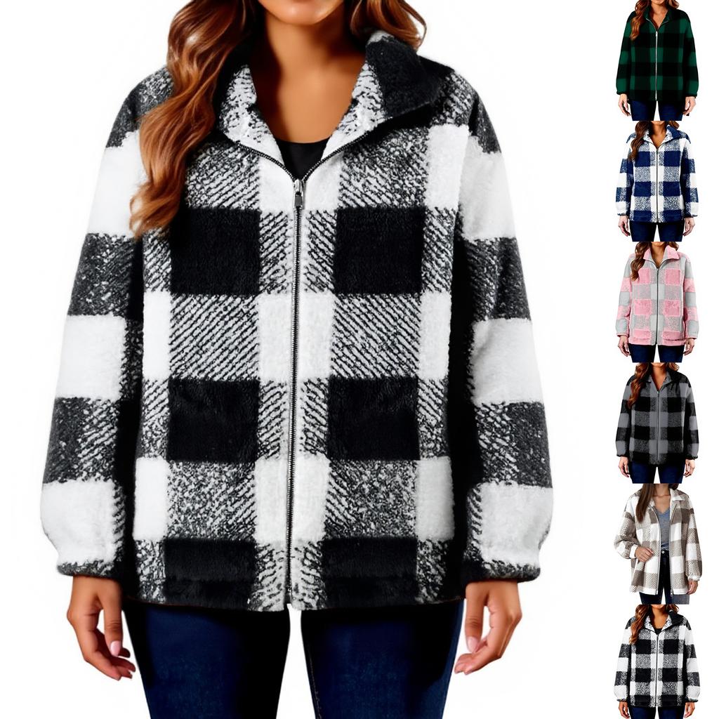 Fashionable Women's Plaid Lambskin Jacket With Pockets Button Plush Coat