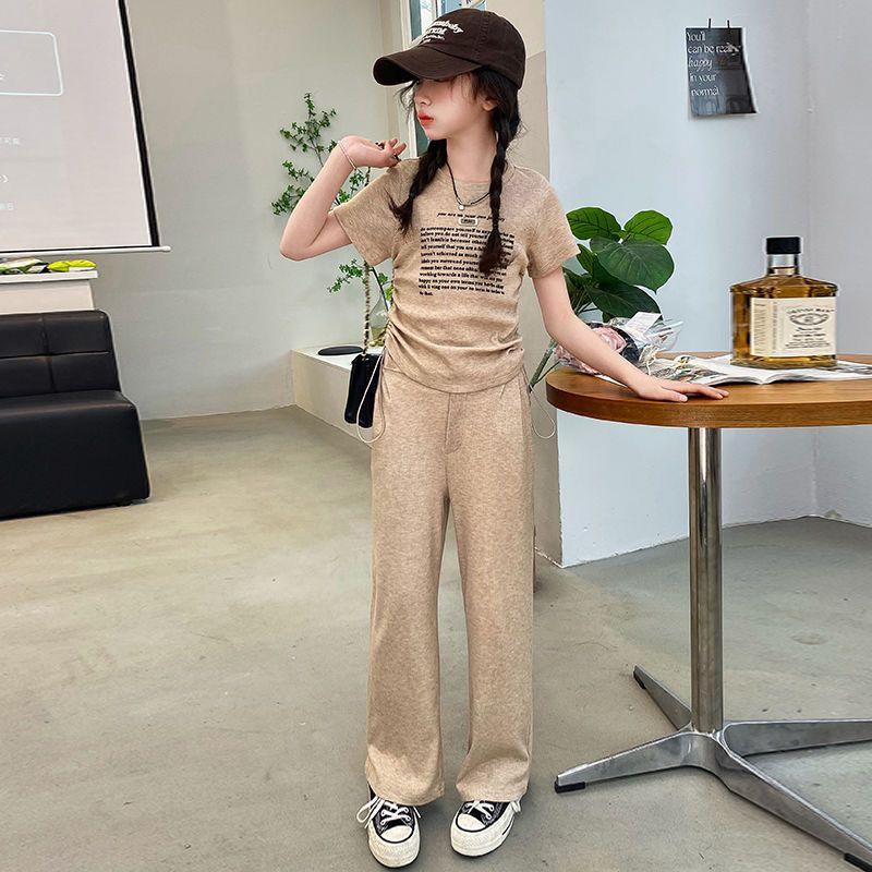 Girls' Summer Sports Suit, Drawstring Top, Short-Sleeved Wide-Leg Pants Two-Piece Set