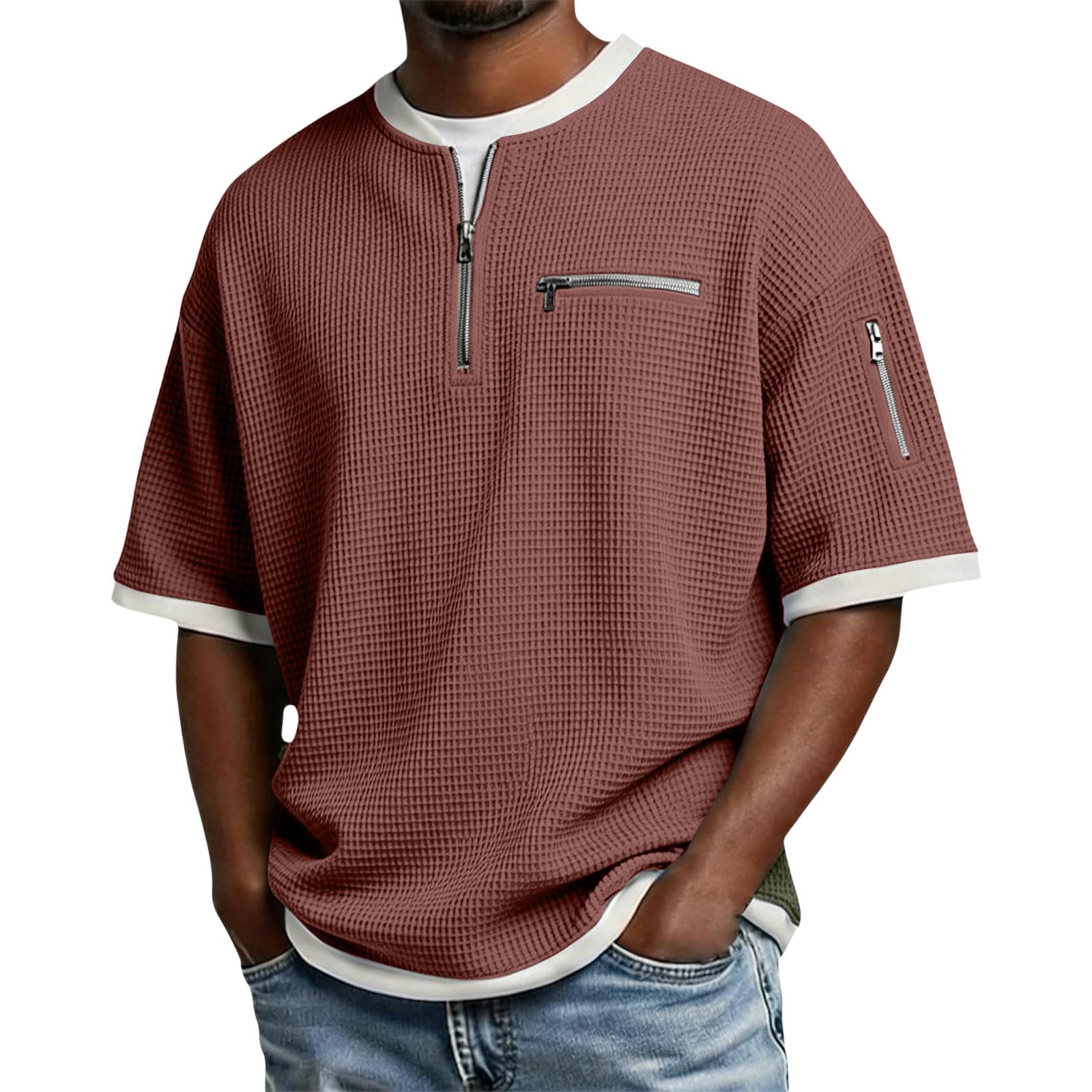 Men s Casual -Weave Zipper-Collar Lightweight Breathable Short-Sleeve Top XL винный