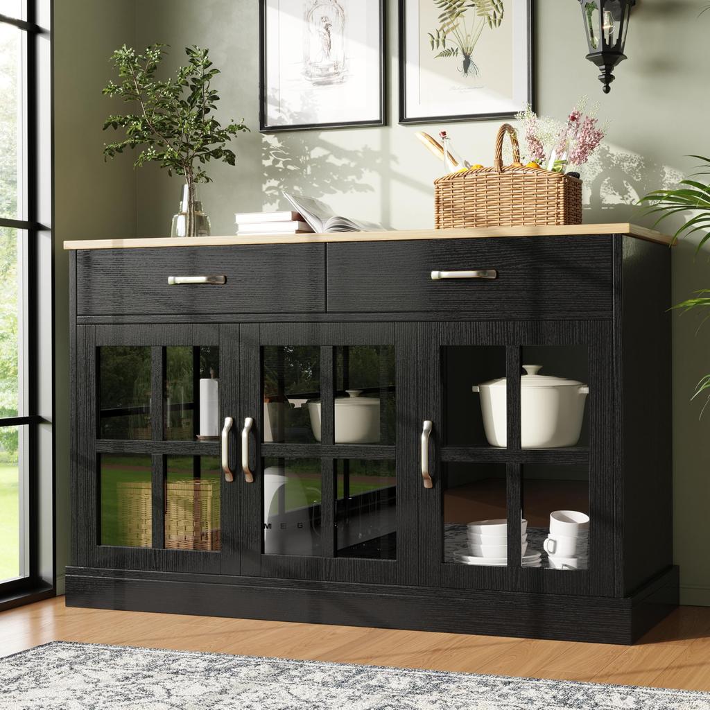 Sideboard Küchenschrank Glastüren 3 Schubladen 2 Türen Moderne Buffetschrank viel Stauraum Beistellschrank Esszimmer Wohnzimmer Schwarz 120cm