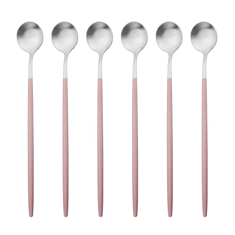 

Набір столових приборів із золота з довгою ручкою, 6 шт. Набір столових приладів із матової нержавіючої сталі. Полірований посуд для перемішування. Напій, морозиво, десерт, чай. рожевий/срібний