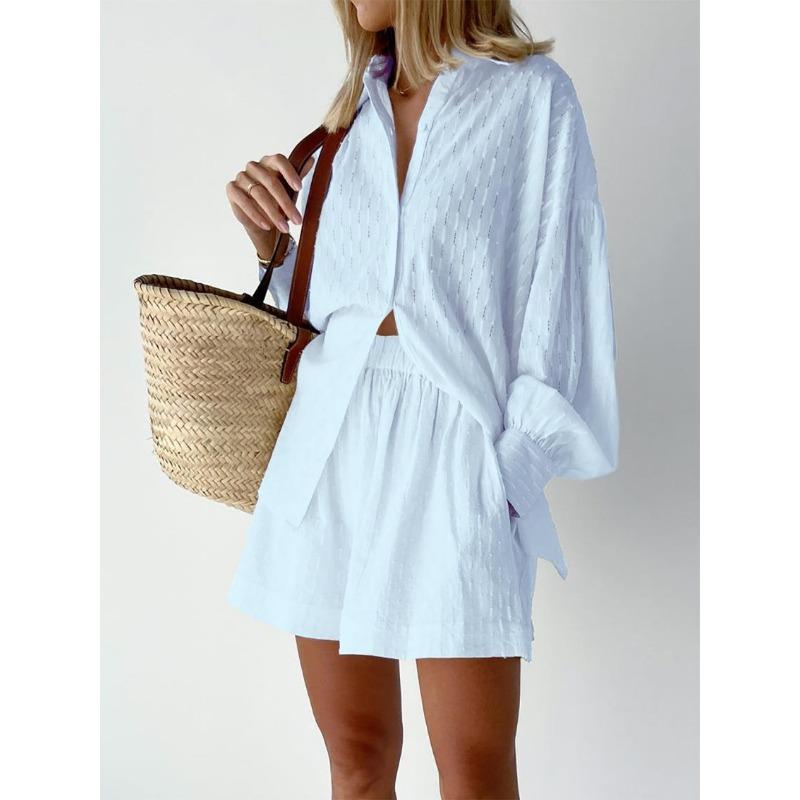 Women's Fashion Casual Summer Spring Solid Color Print Long Sleeve POLO Neck Pullovers Shorts Suits