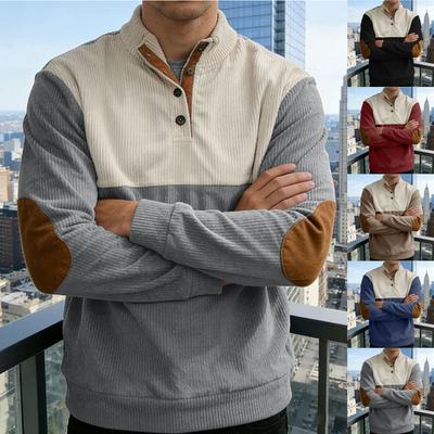 New Men's Corduroy Patchwork Contrast Collar Oversized Long-Sleeved Knitted Sweatshirt