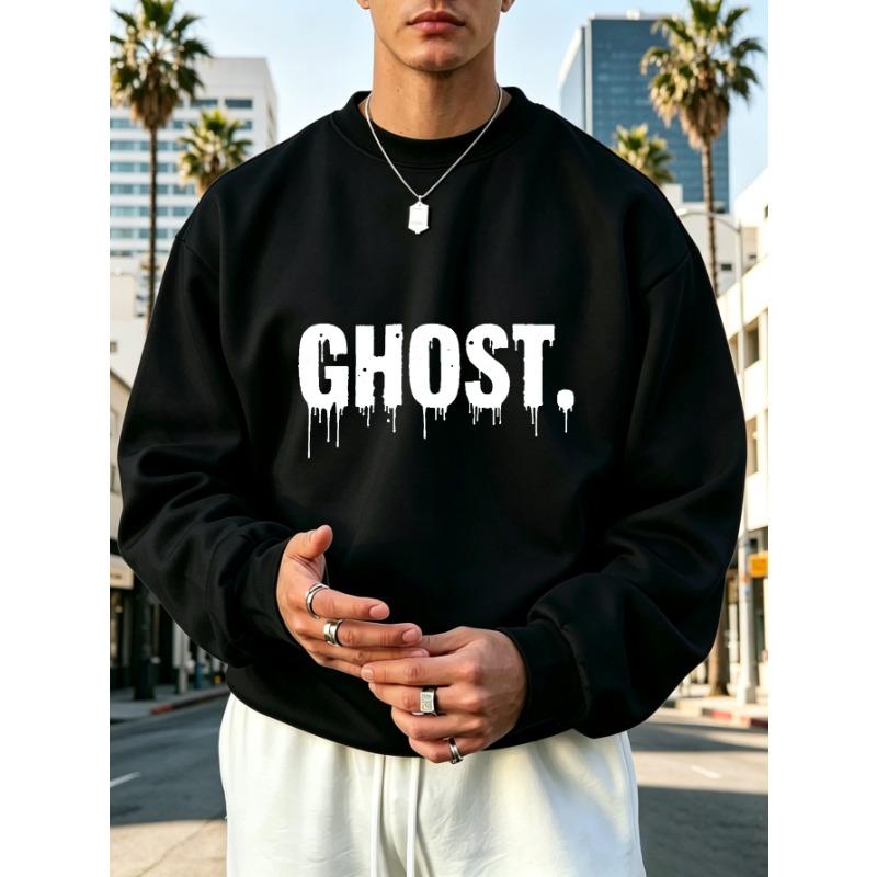 Men's Graphic Print Crew Neck Sweatshirt With Dripping Halloween Text, Loose Fit Casual Streetwear.