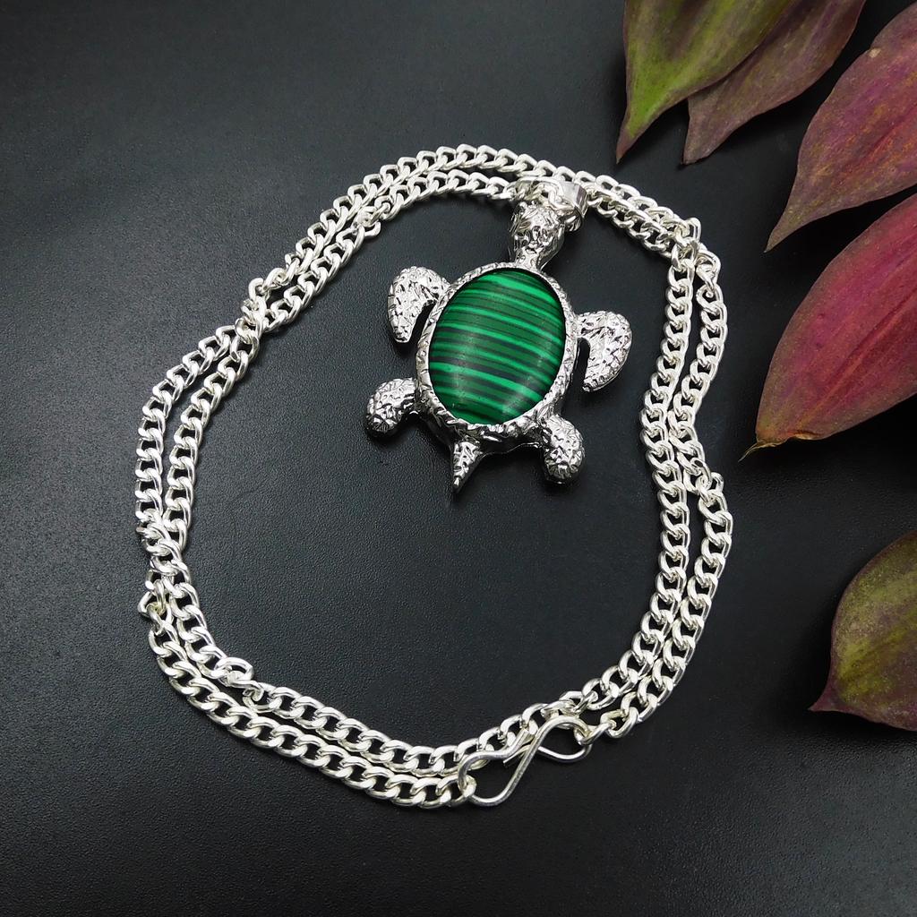 Silver 925 Beautiful Pendant With Chain 97.00 Ct Natural Turtle Fancy Green Jade P-2073-S