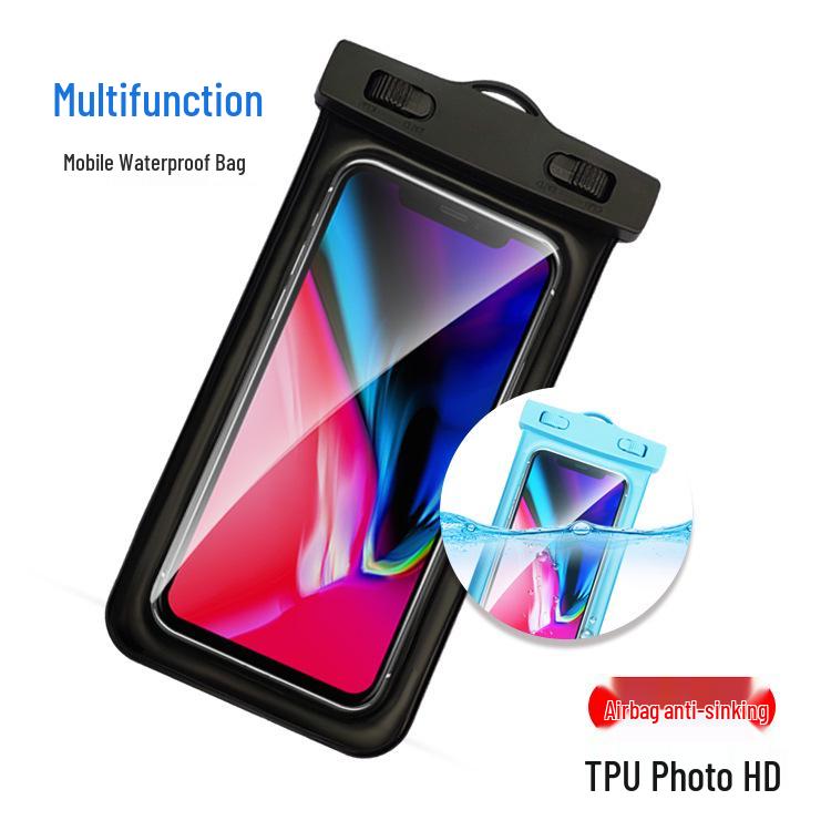 Inflatable Waterproof Phone Pouch with Touchscreen Access and Neck Strap for Diving and Swimming.