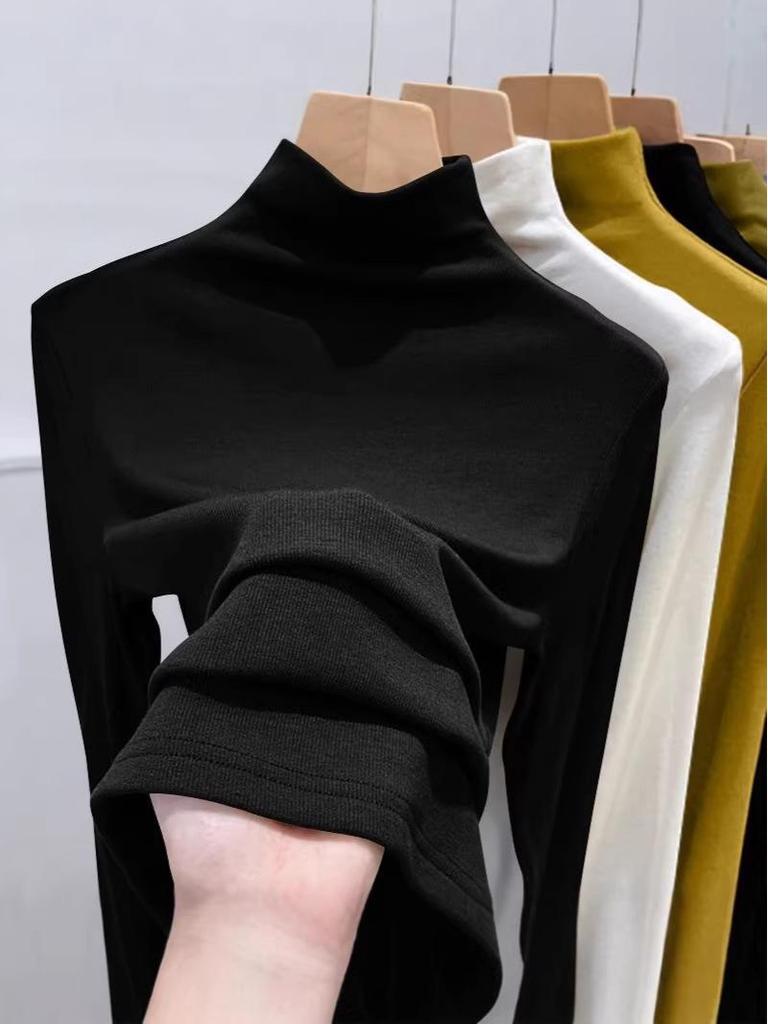 Versatile Women's Base Layer Shirt: Semi-High Neck, Ribbed, Brushed, Warm, Long-Sleeve T-shirt for Spring/Autumn.