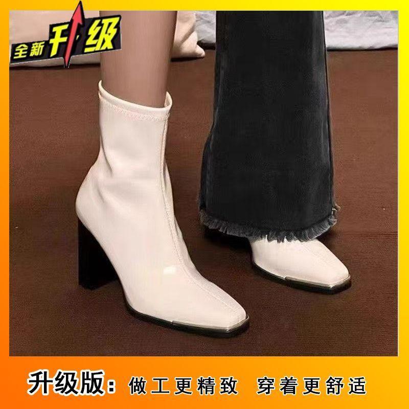 French Small Man High Heel Square Head Temperament Martin Boots 2025 Autumn and Winter New Patent Leather Boots Short Boots Thick Heel