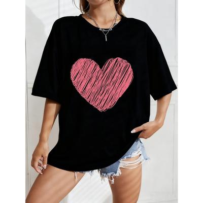 White Oversized T Shirt With Pink Heart Print For Casual Wear