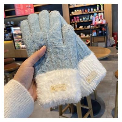 Knitted Plush Gloves for Women's Winter Warmth Thickened Velvet Color Blocking Fashion Touch Screen Split Finger Wool Gloves Riding Bike